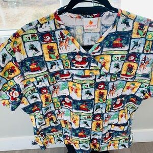 Peaches Scrub Colorful Christmas Holiday Print Blouse